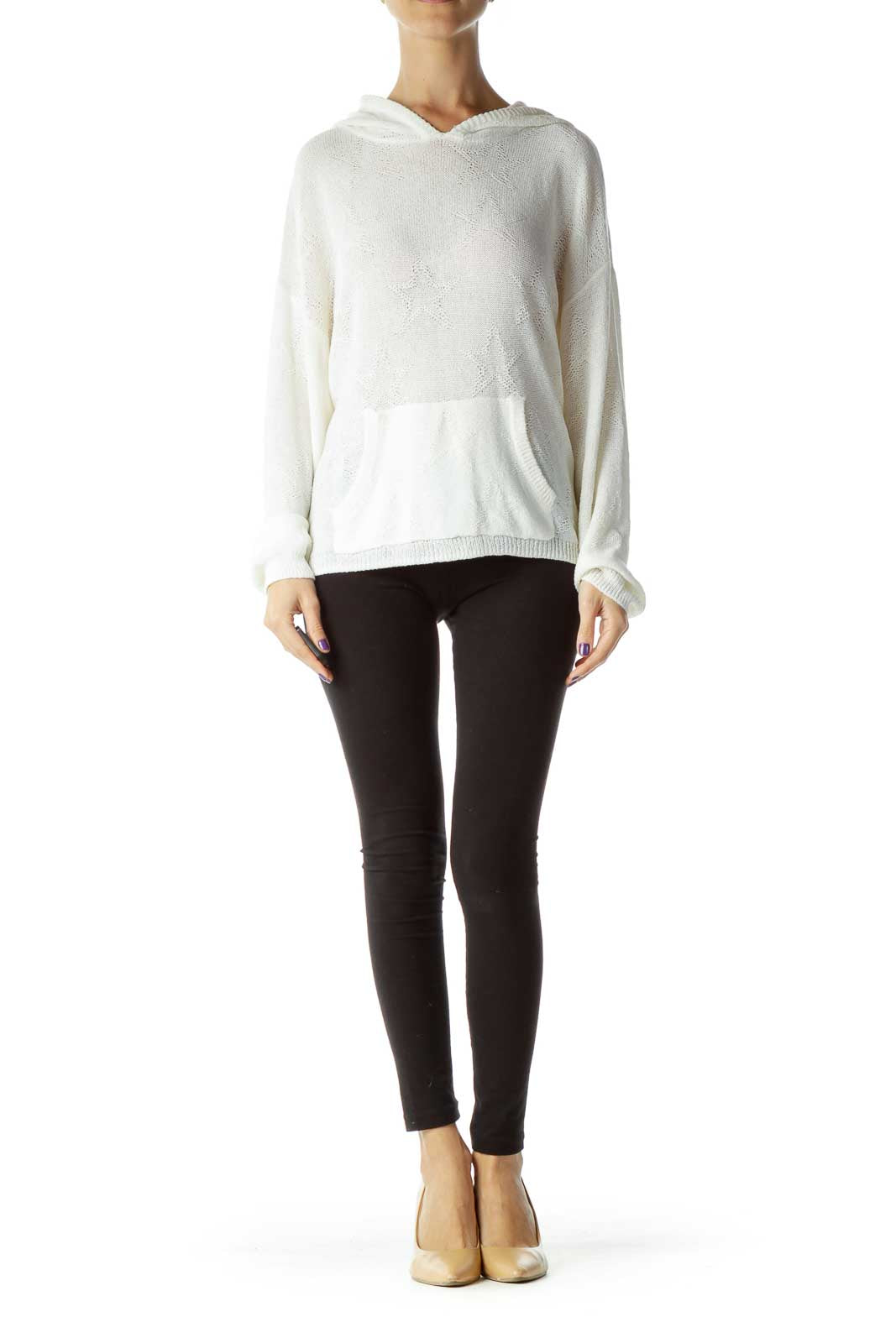 White Hooded Long Sleeve Knit Sweater