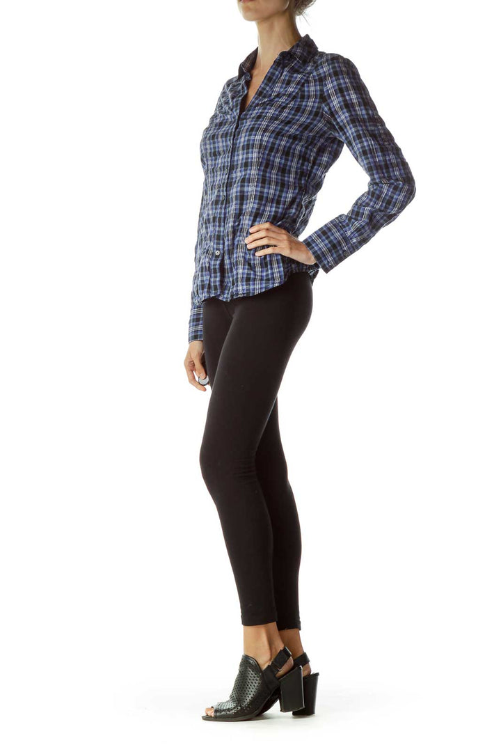 Blue Black Metallic Plaid Shirt