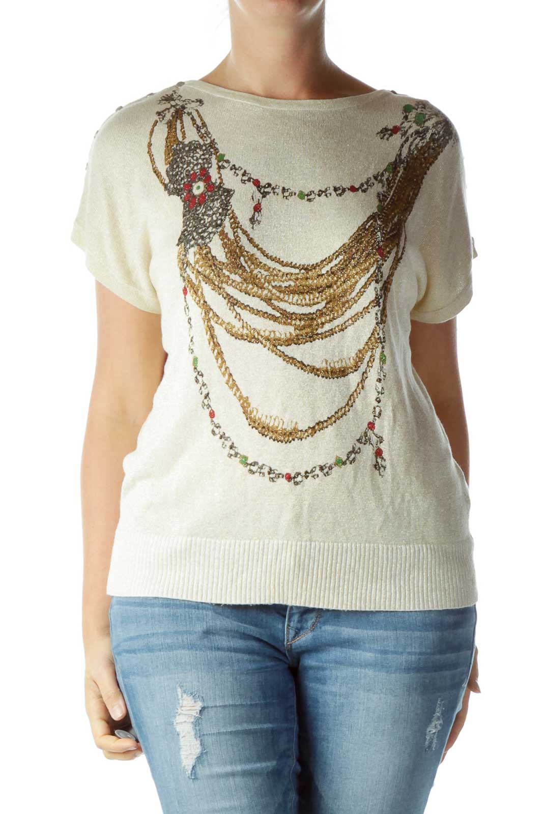 Beige Metallic Print Knit Top