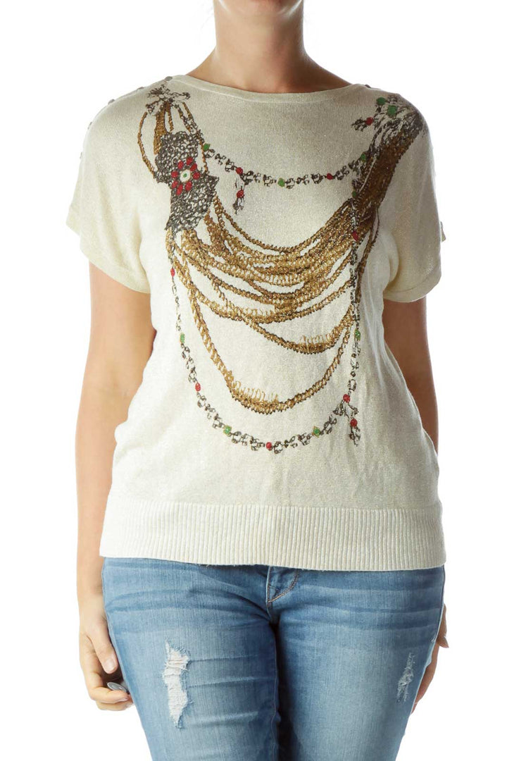 Beige Metallic Print Knit Top