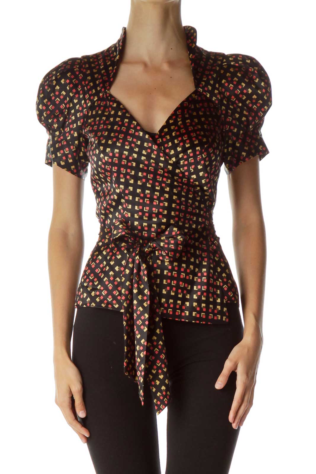 Black Yellow Red Geometric Wrap Silk Top