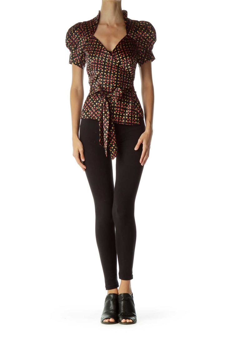 Black Yellow Red Geometric Wrap Silk Top