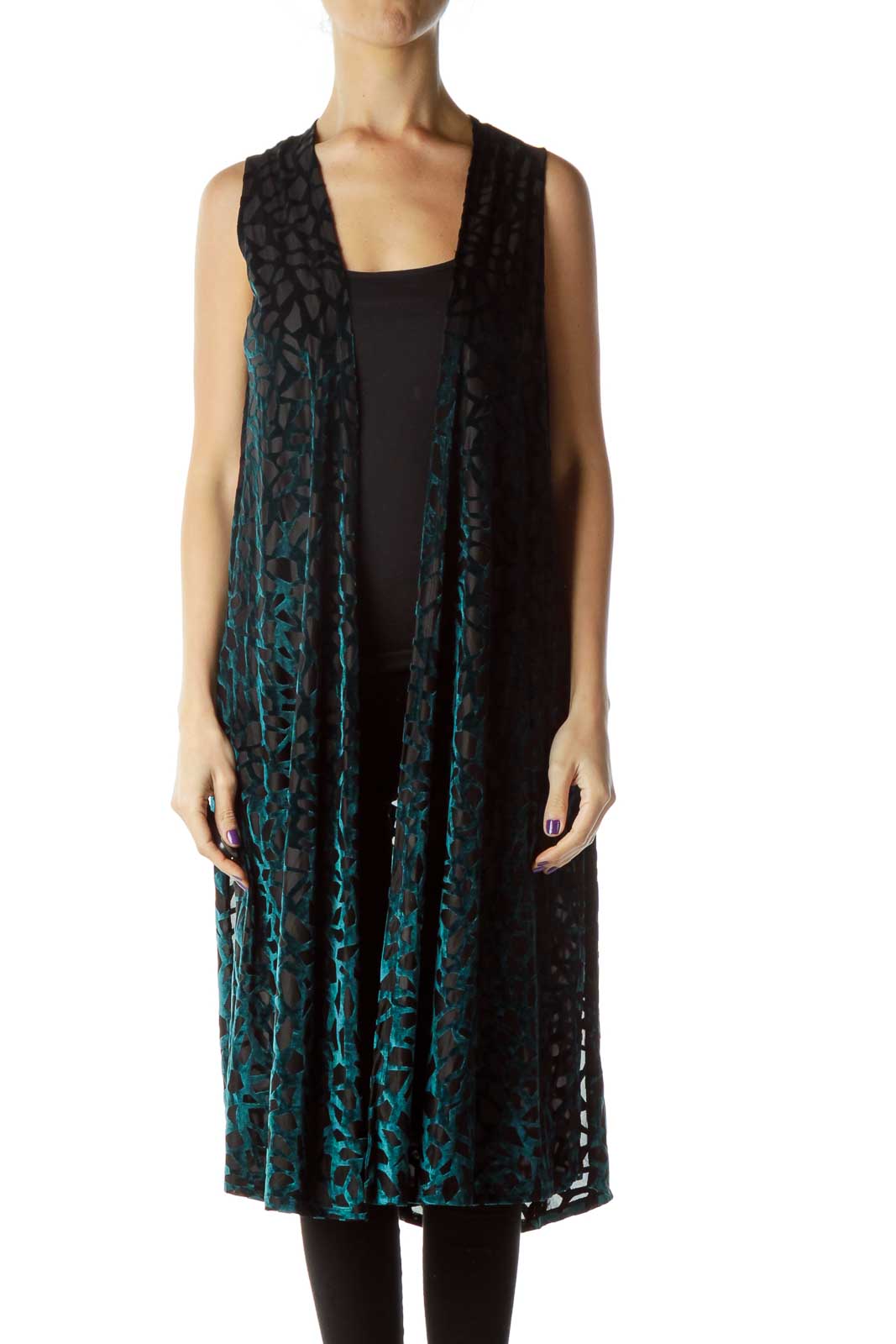 Green Black Geo Print Long Vest