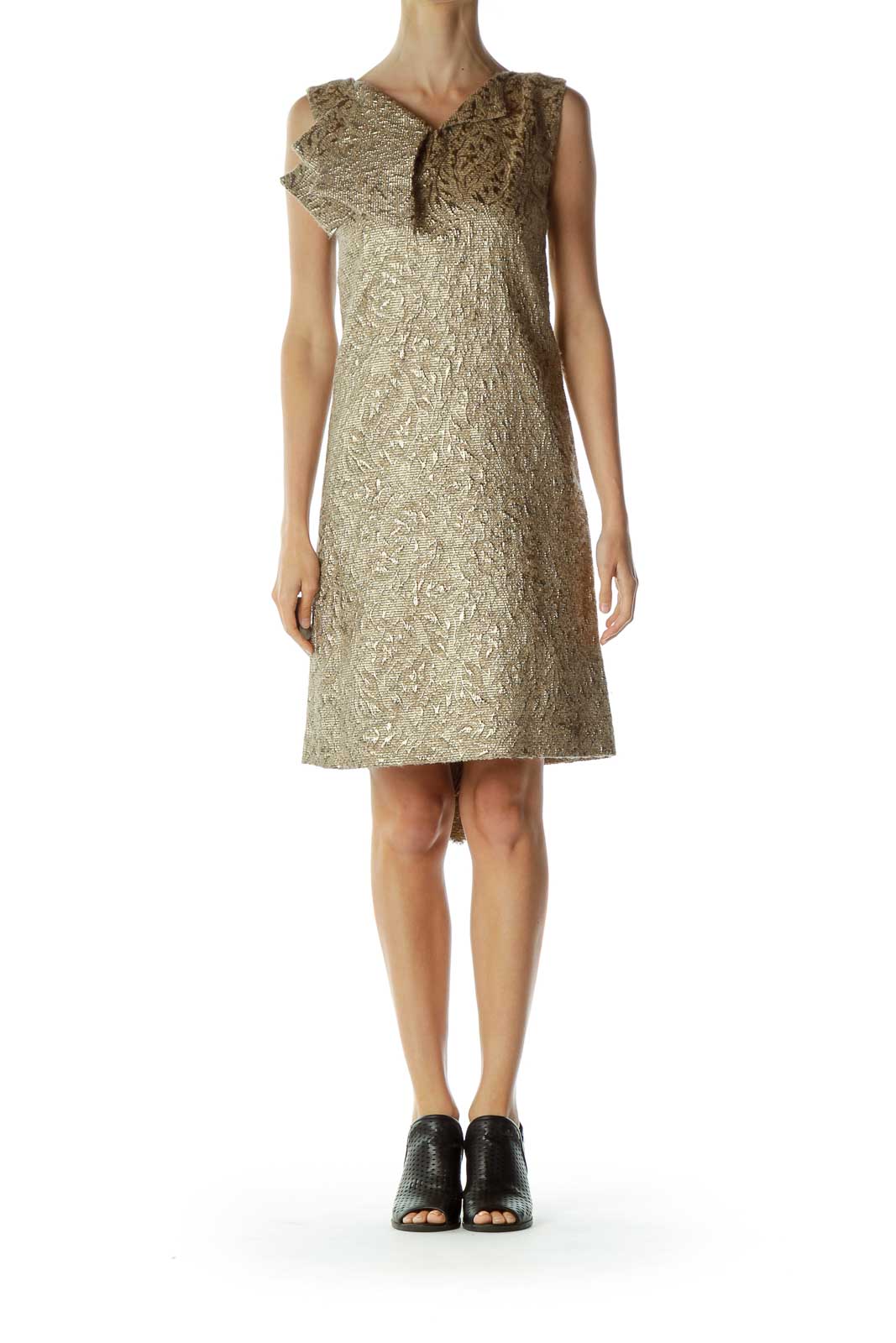 Gold Shift Dress with Ruffle Detail