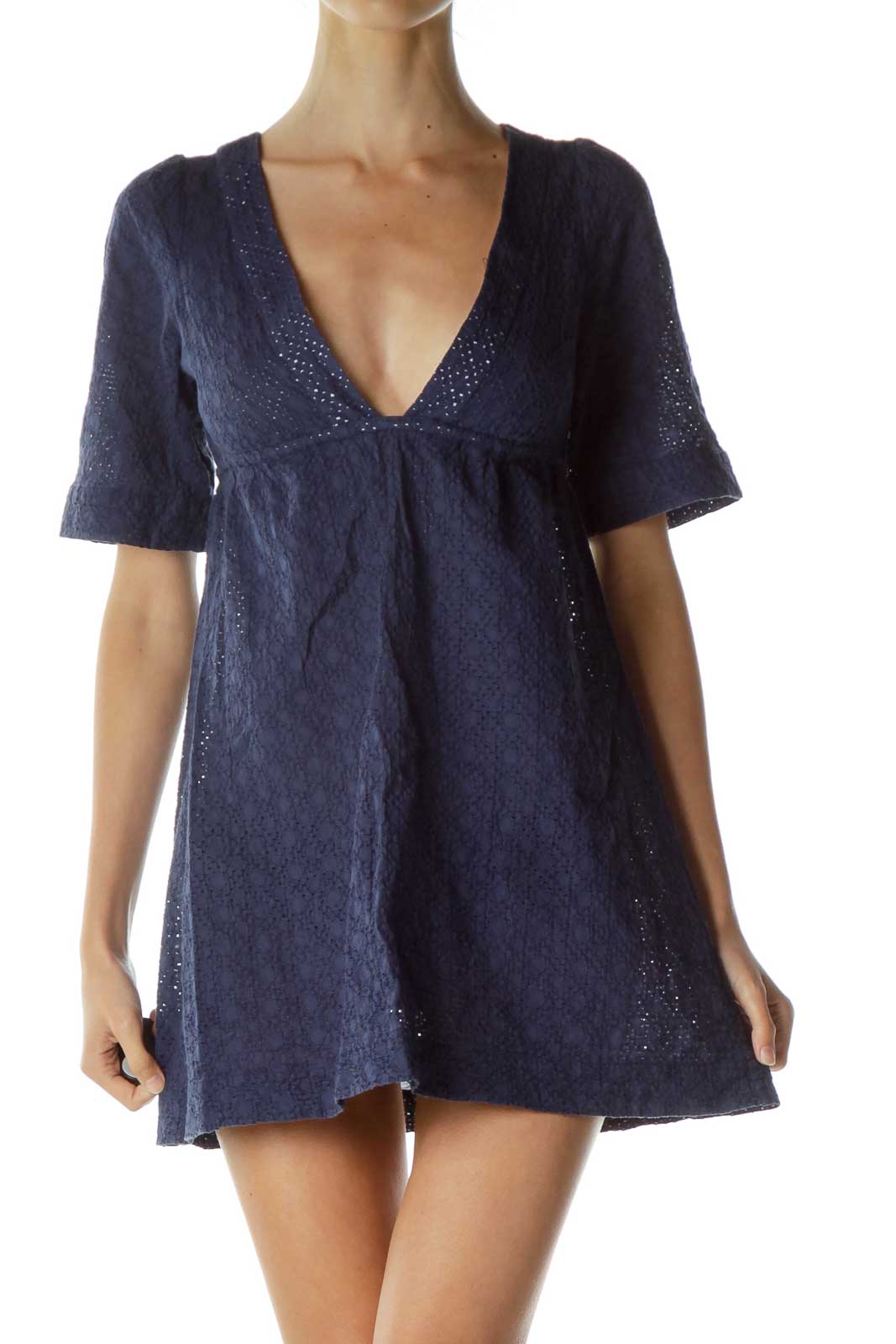 Navy Eyelet V-Neck Day Dress