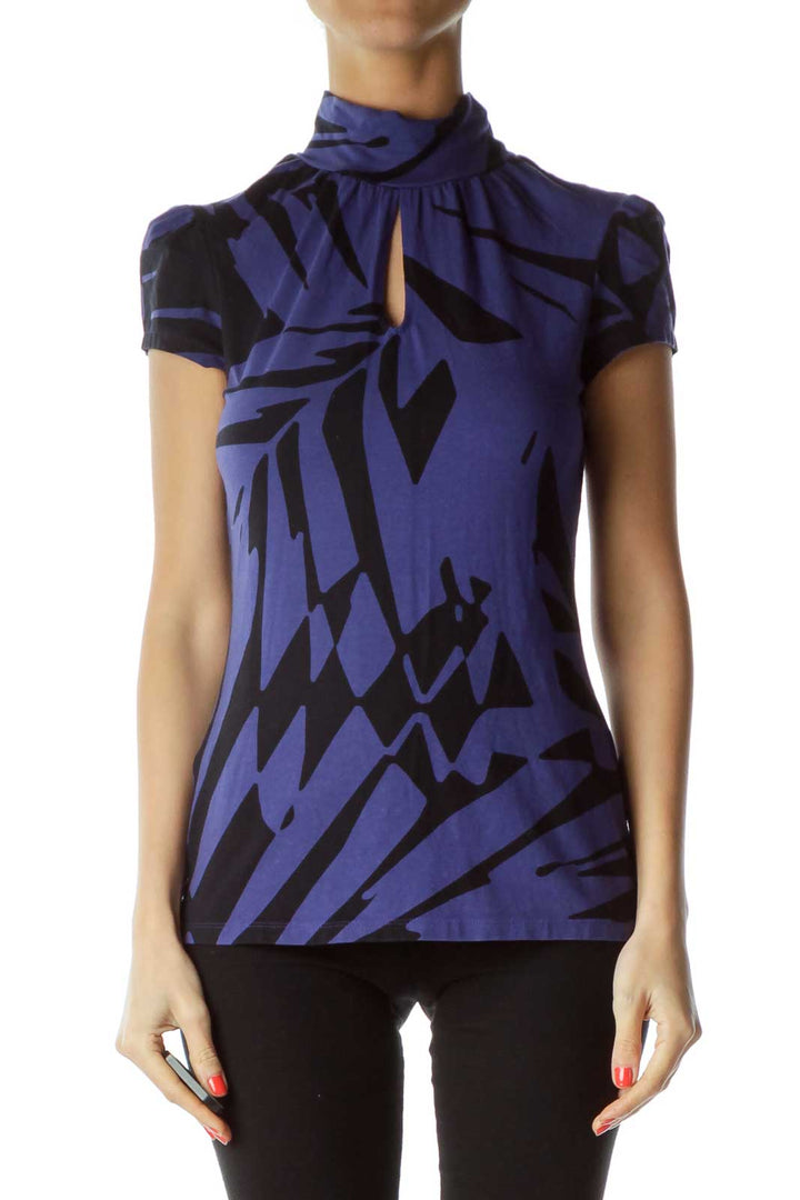 Blue Black Printed Turtle Neck Blouse