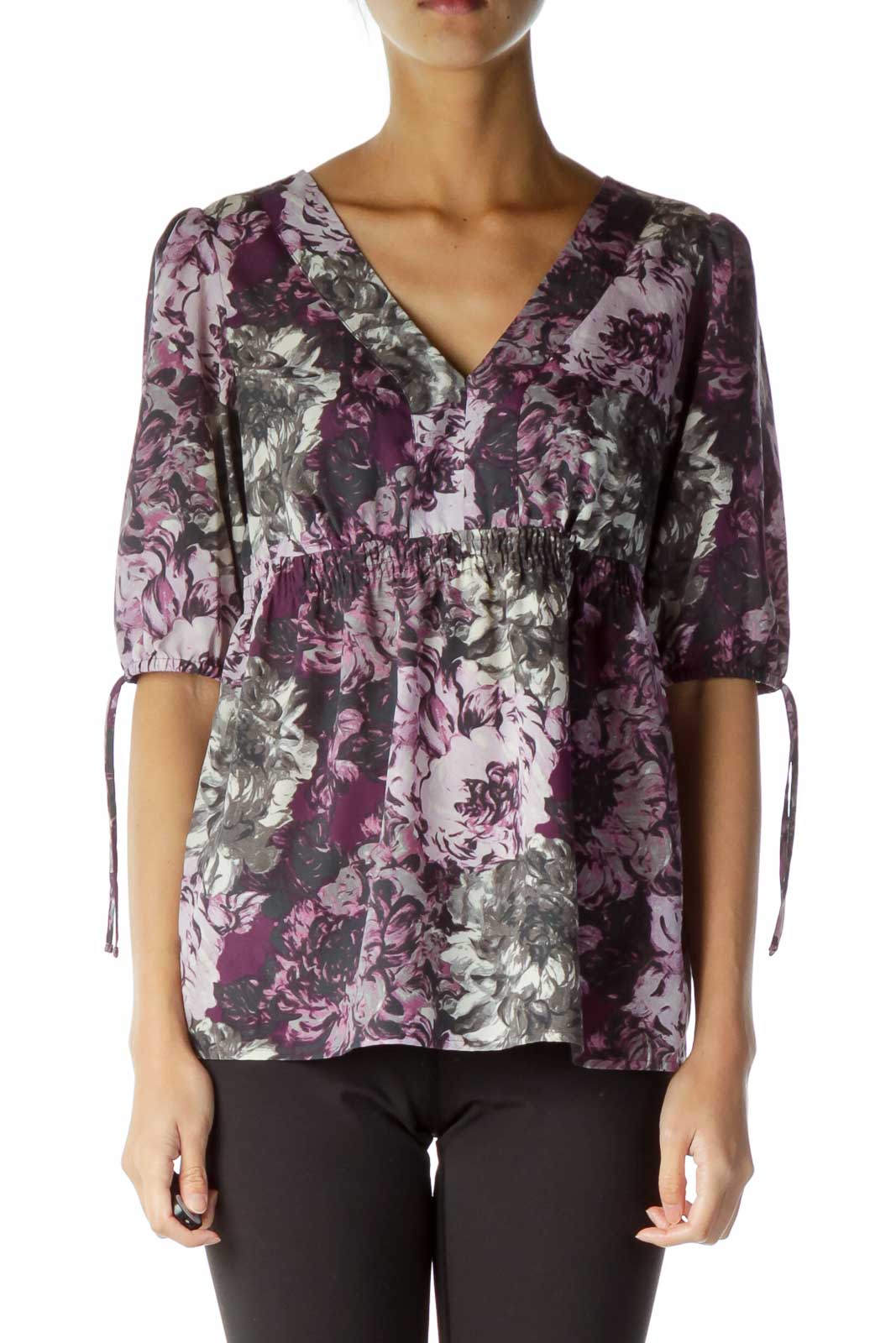 Purple Gray Beige Puffy-Sleeve Top