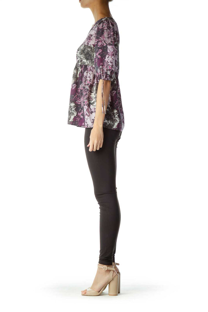 Purple Gray Beige Puffy-Sleeve Top