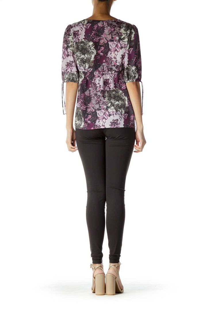 Purple Gray Beige Puffy-Sleeve Top