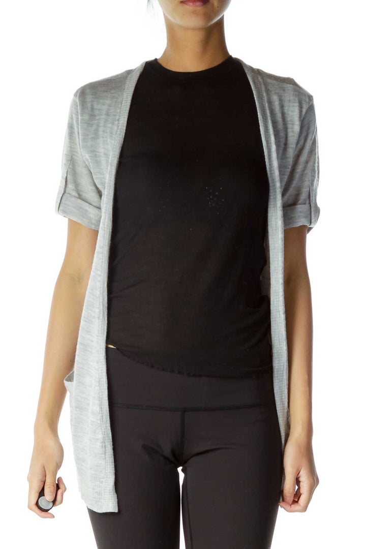 Gray Short-Sleeve Pocketed Wool Cardigan