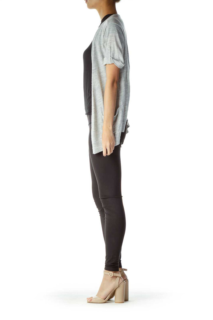 Gray Short-Sleeve Pocketed Wool Cardigan