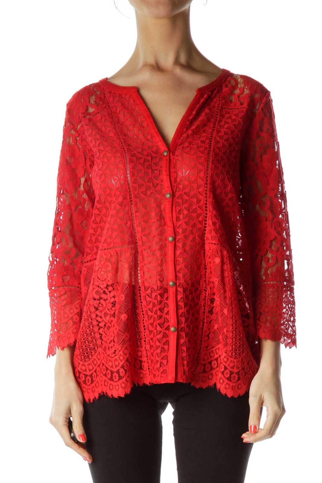 Red Lace Buttoned Blouse
