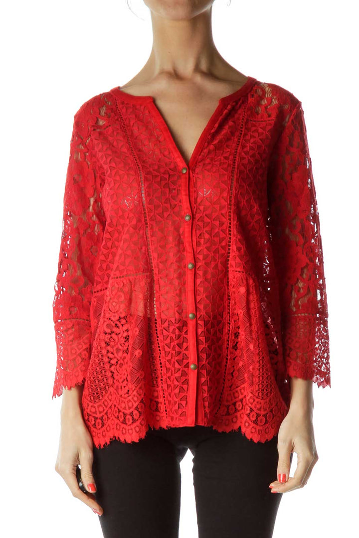 Red Lace Buttoned Blouse