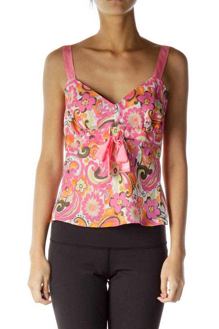 Pink Print Ribbon Detail Cropped Blouse