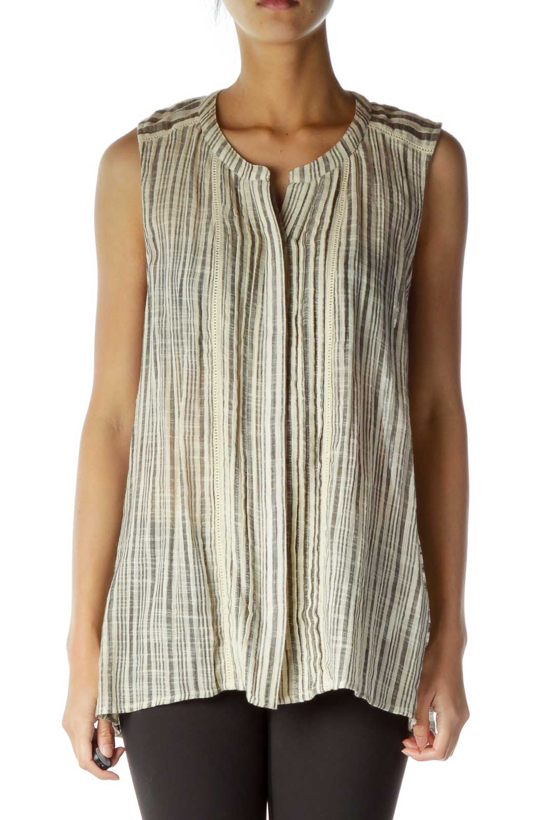 Beige Gray Stripe Sleeveless Blouse