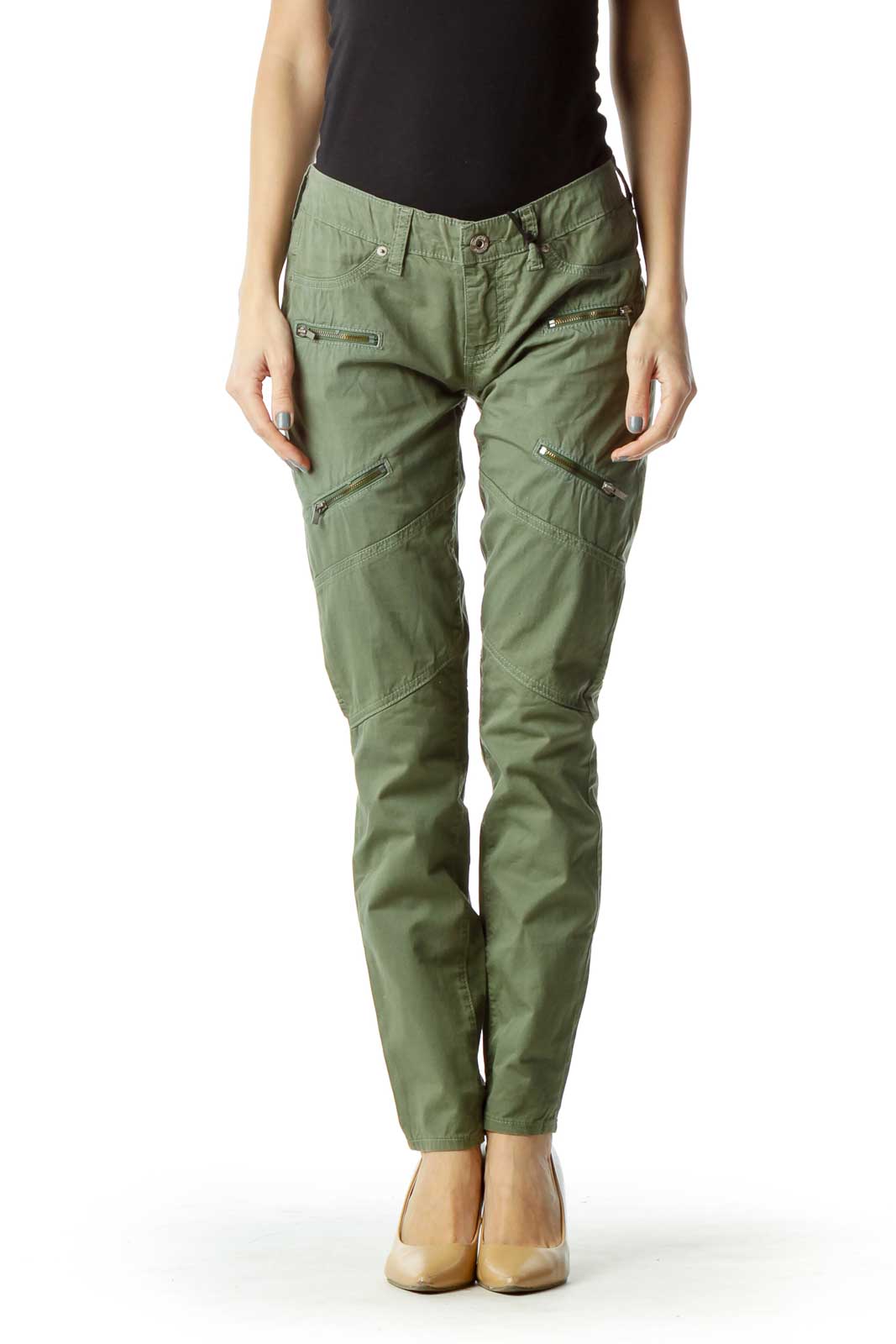 Green Skinny Cargo Pant with Zipper Detail