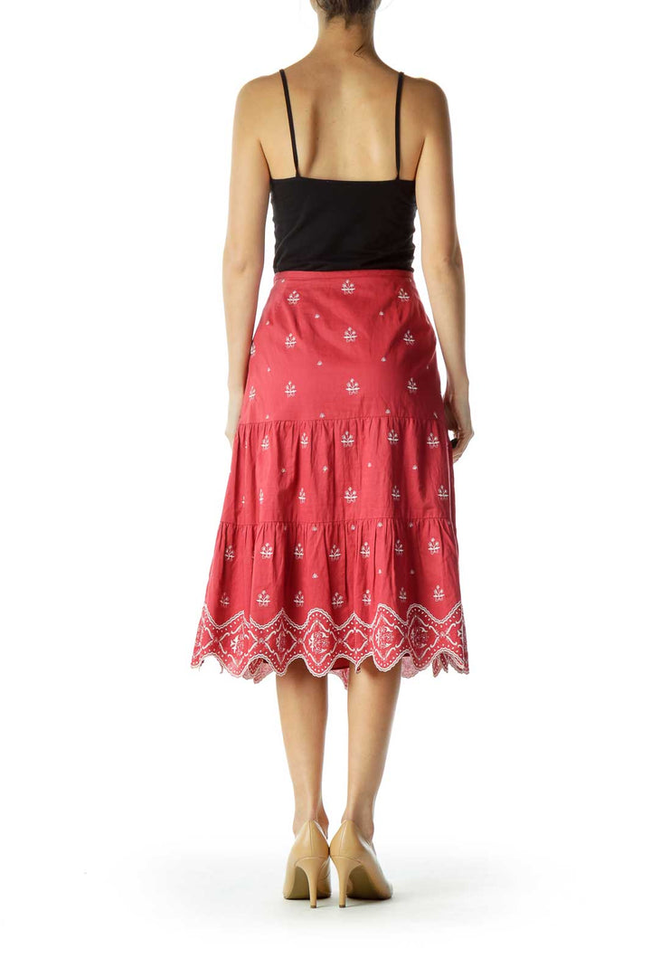 Red White Pleated Embroidered Skirt