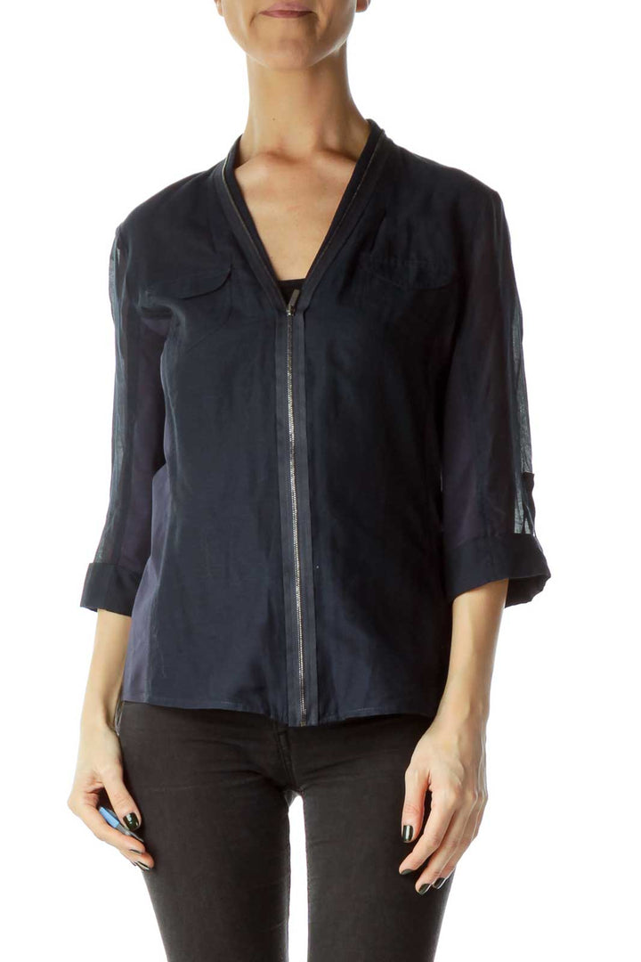 Navy Zippered 3/4 Sleeve Blouse
