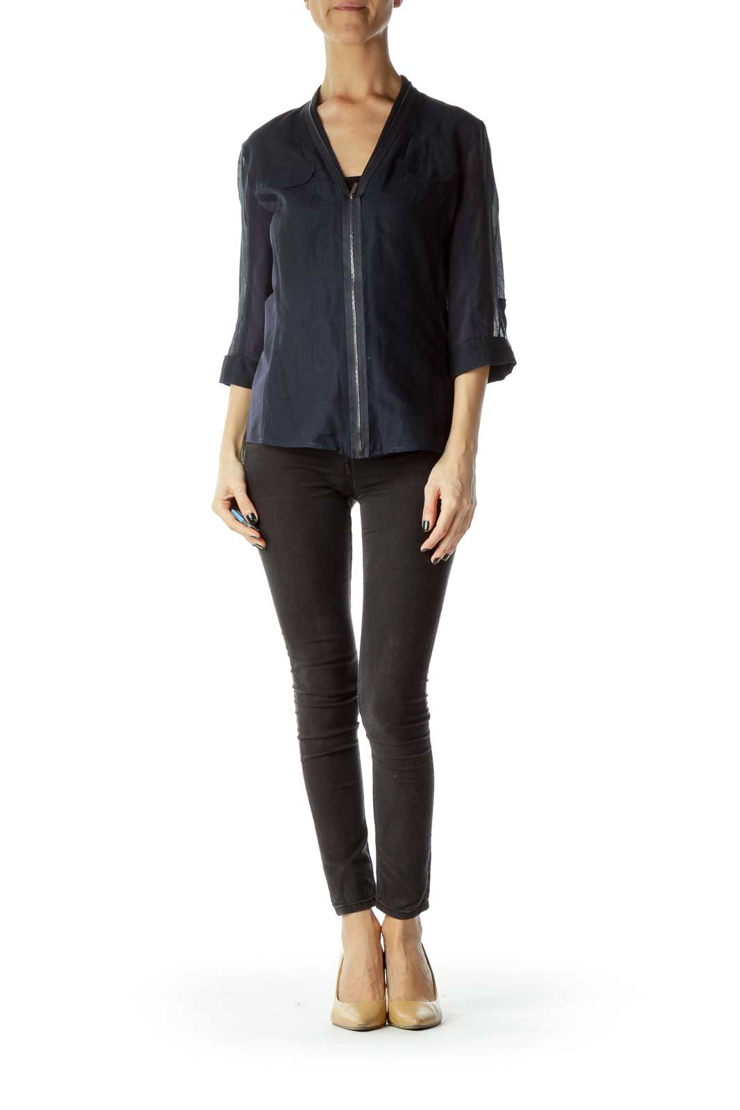 Navy Zippered 3/4 Sleeve Blouse