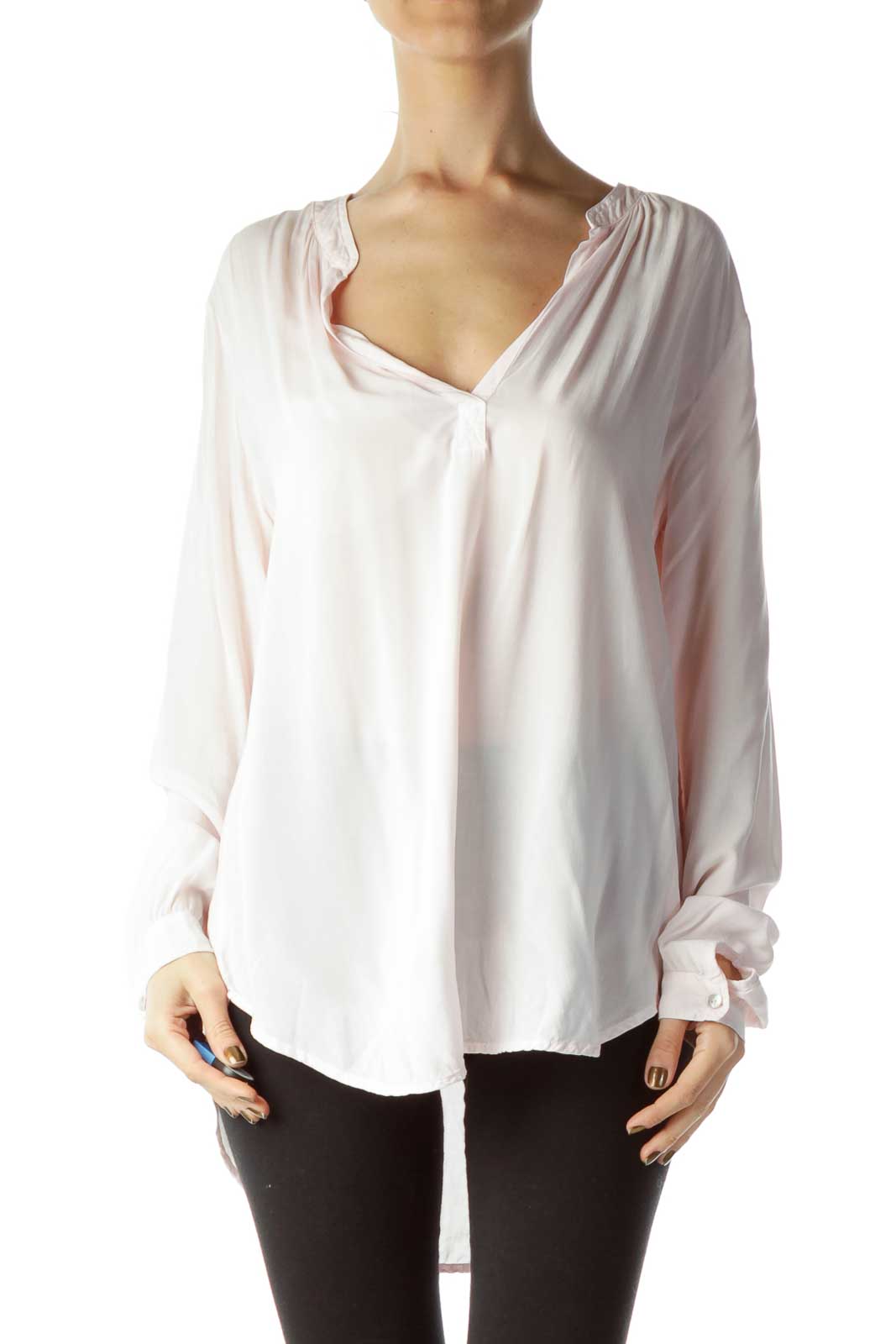 Pink V-Neck Long Sleeve Blouse