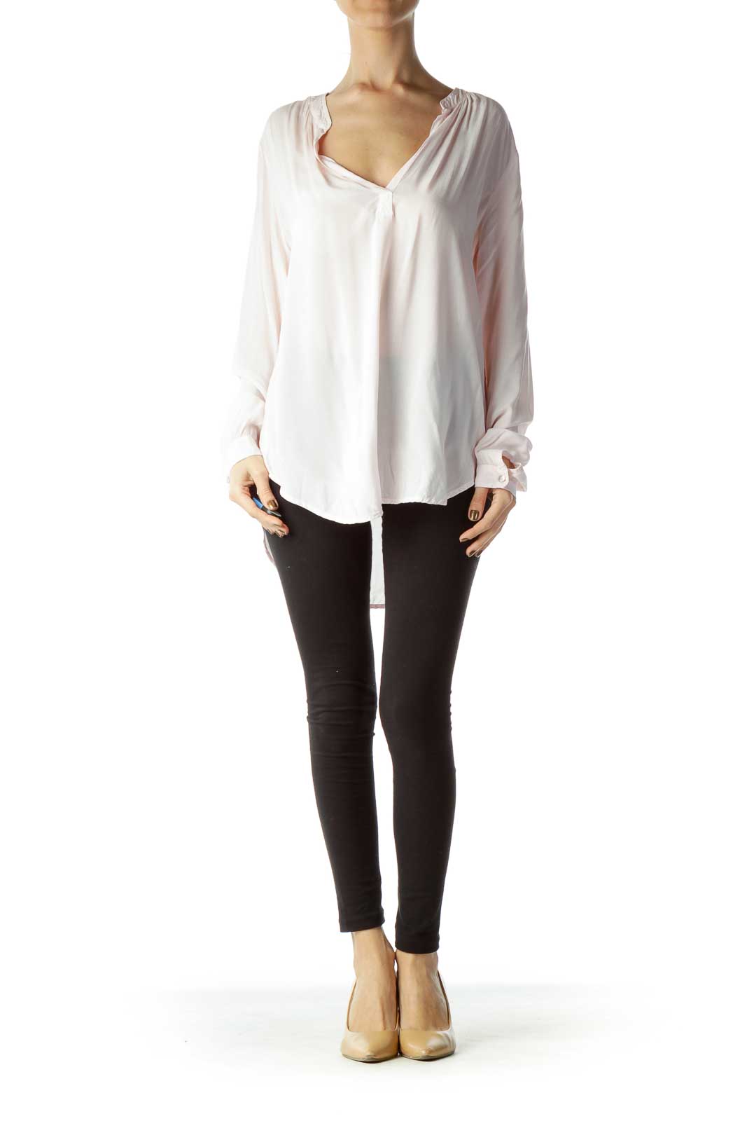Pink V-Neck Long Sleeve Blouse