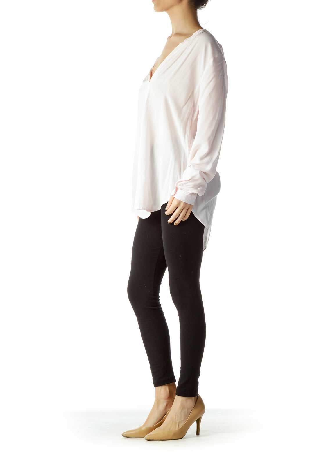 Pink V-Neck Long Sleeve Blouse