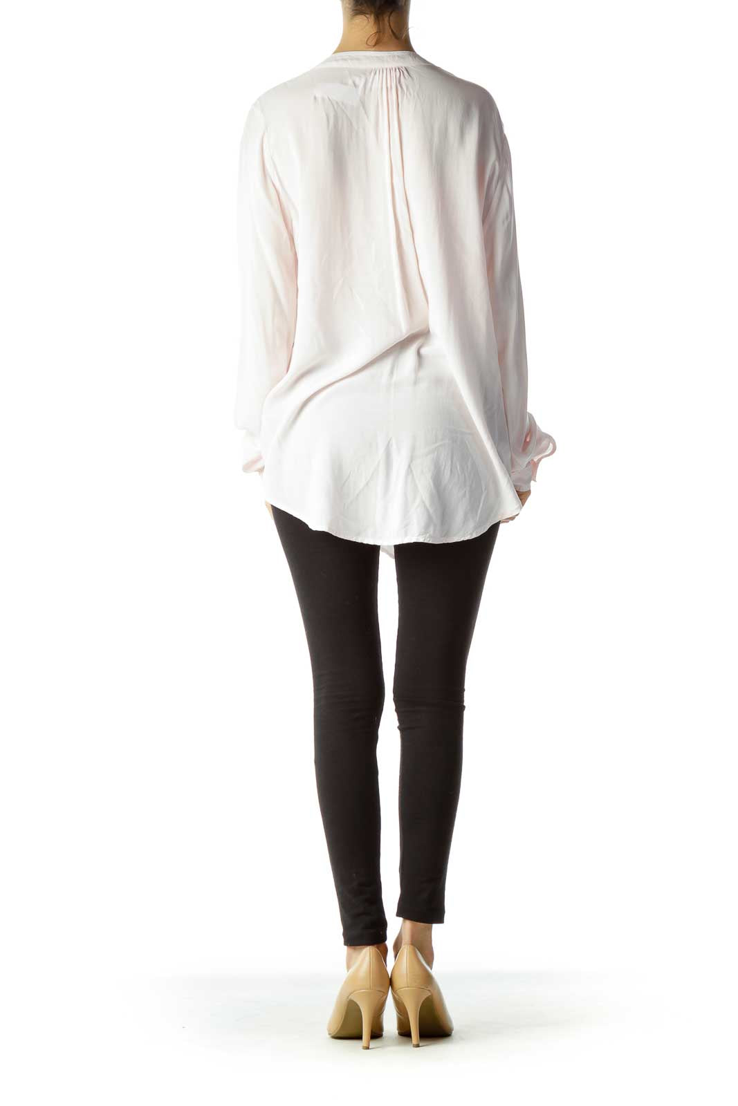 Pink V-Neck Long Sleeve Blouse