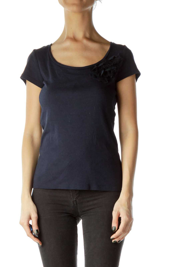 Navy T-Shirt with Ruffle Flower