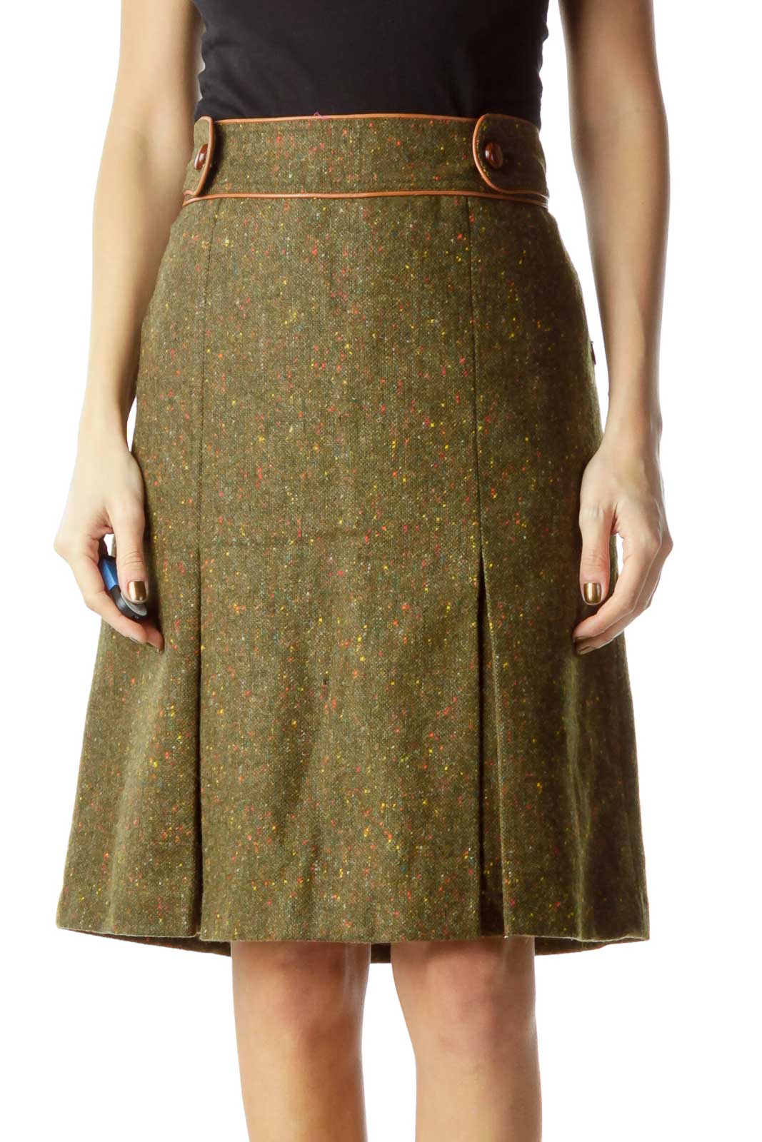 Green Brown Tweed Pleat Skirt