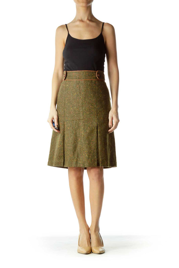Green Brown Tweed Pleat Skirt