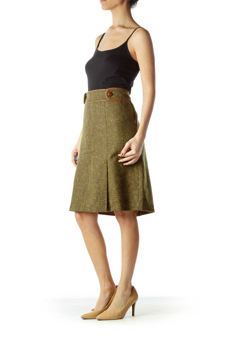 Green Brown Tweed Pleat Skirt