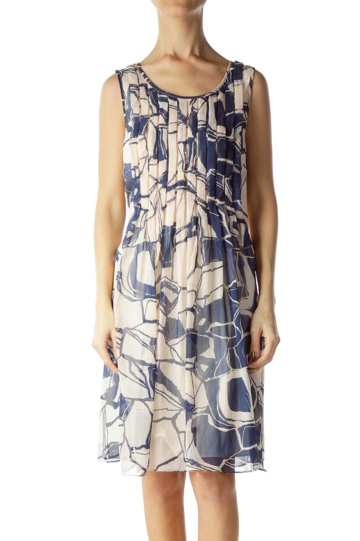 Cream Navy Print Pleated Tent Dress