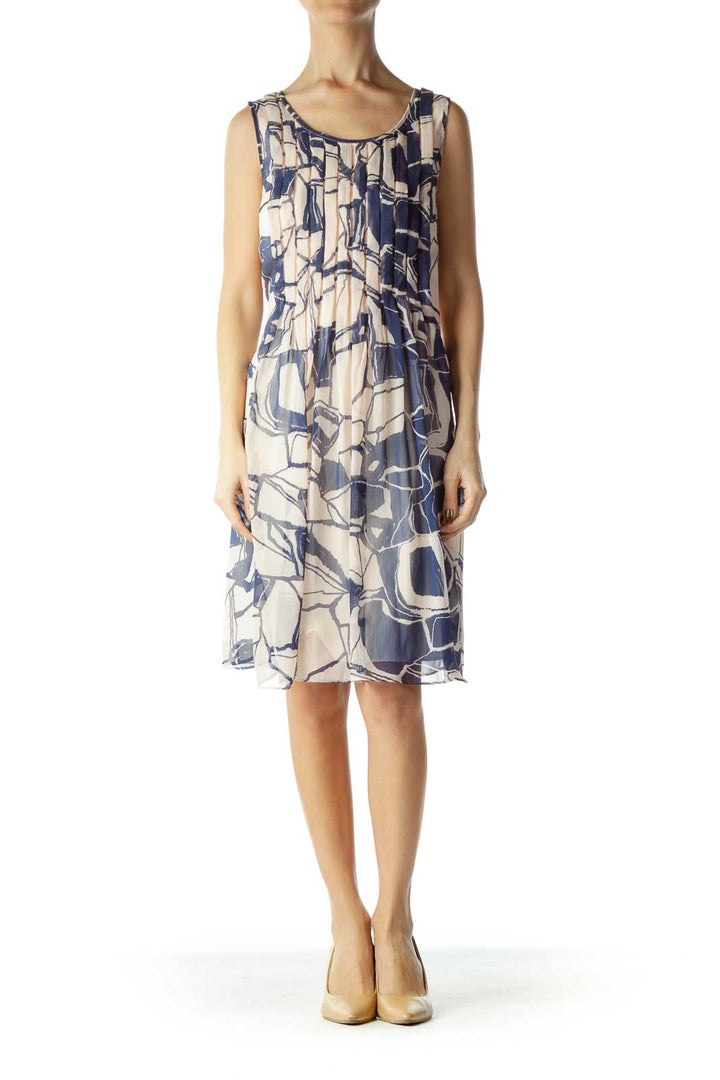 Cream Navy Print Pleated Tent Dress
