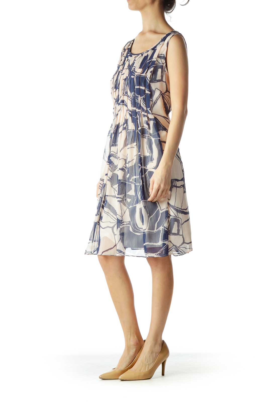 Cream Navy Print Pleated Tent Dress
