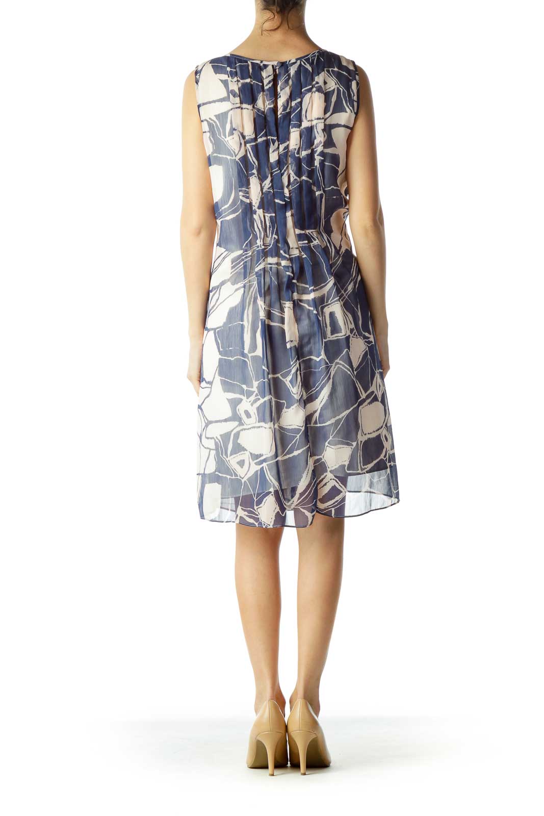 Cream Navy Print Pleated Tent Dress