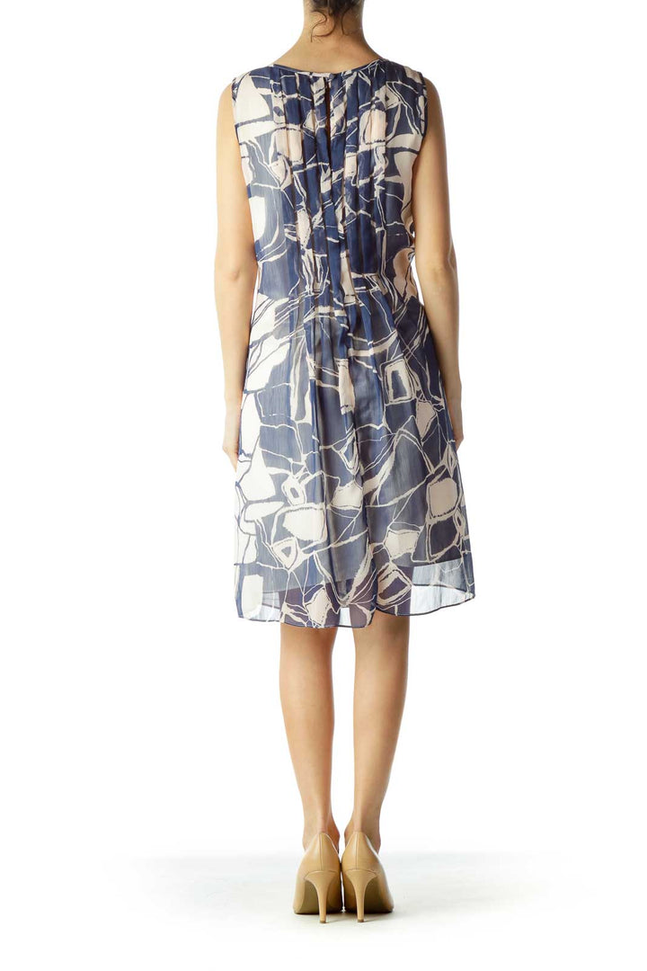 Cream Navy Print Pleated Tent Dress