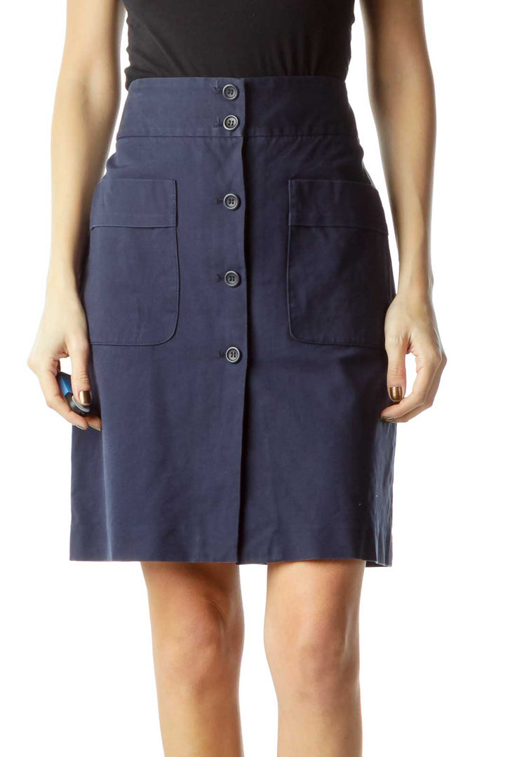 Blue Pocketed & Buttoned Skirt