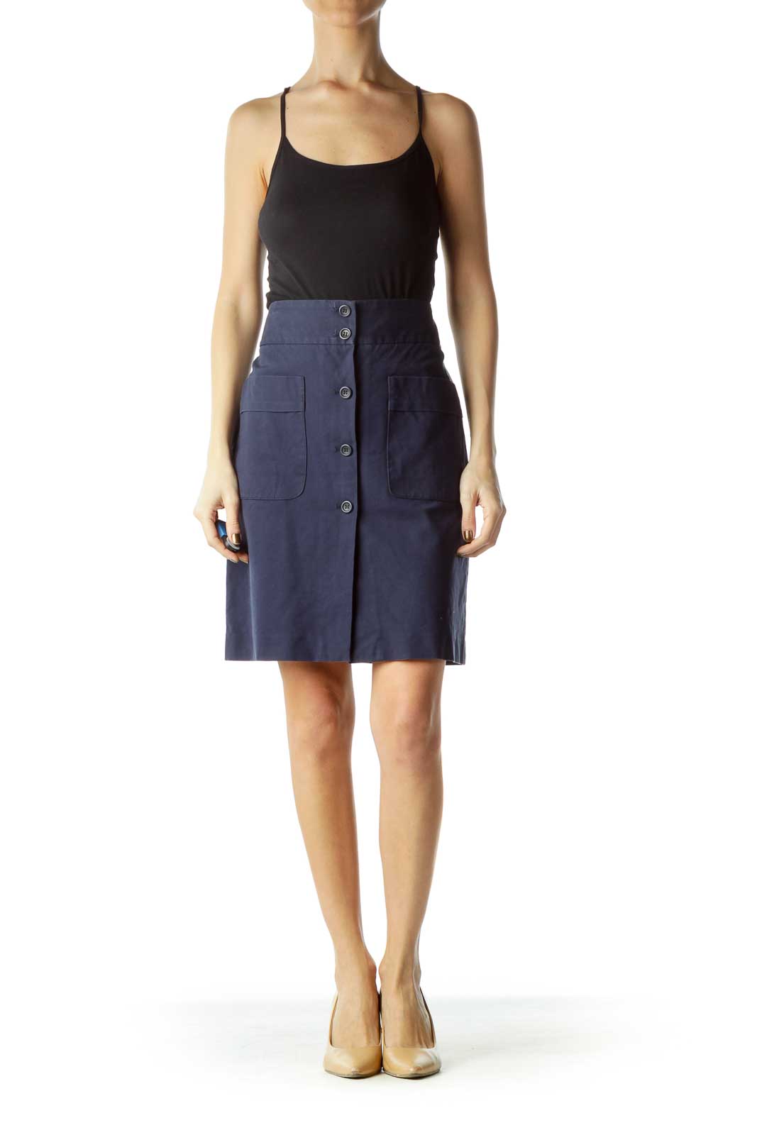 Blue Pocketed & Buttoned Skirt