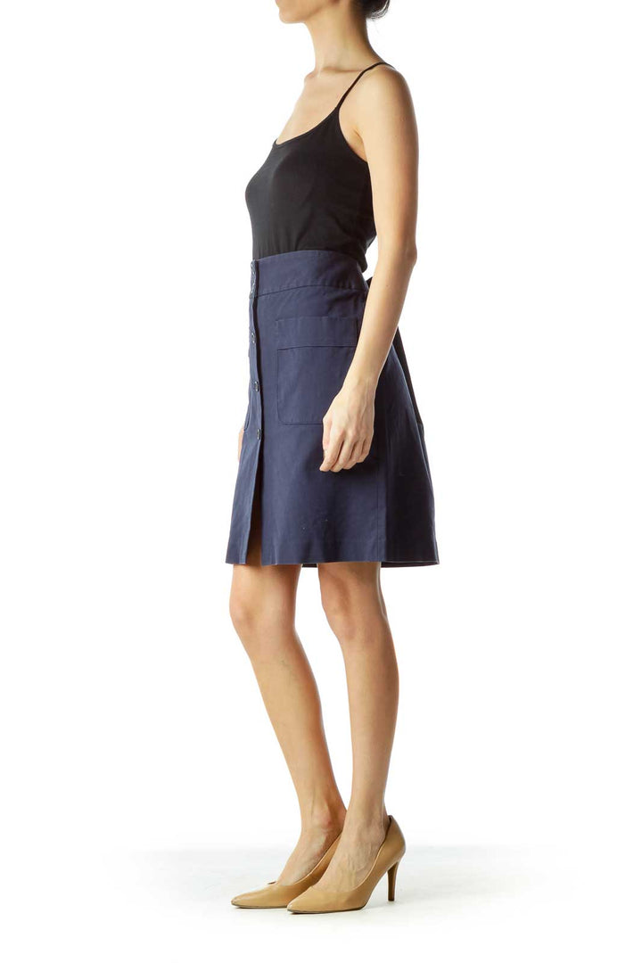 Blue Pocketed & Buttoned Skirt