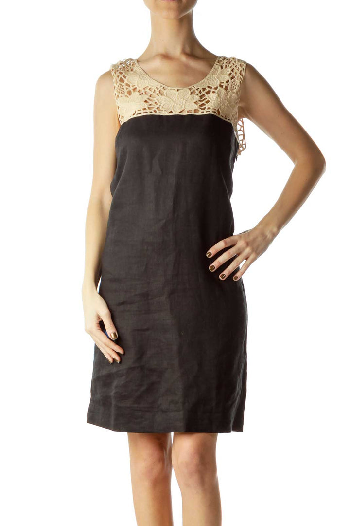 Beige Black Flower Lace Dress