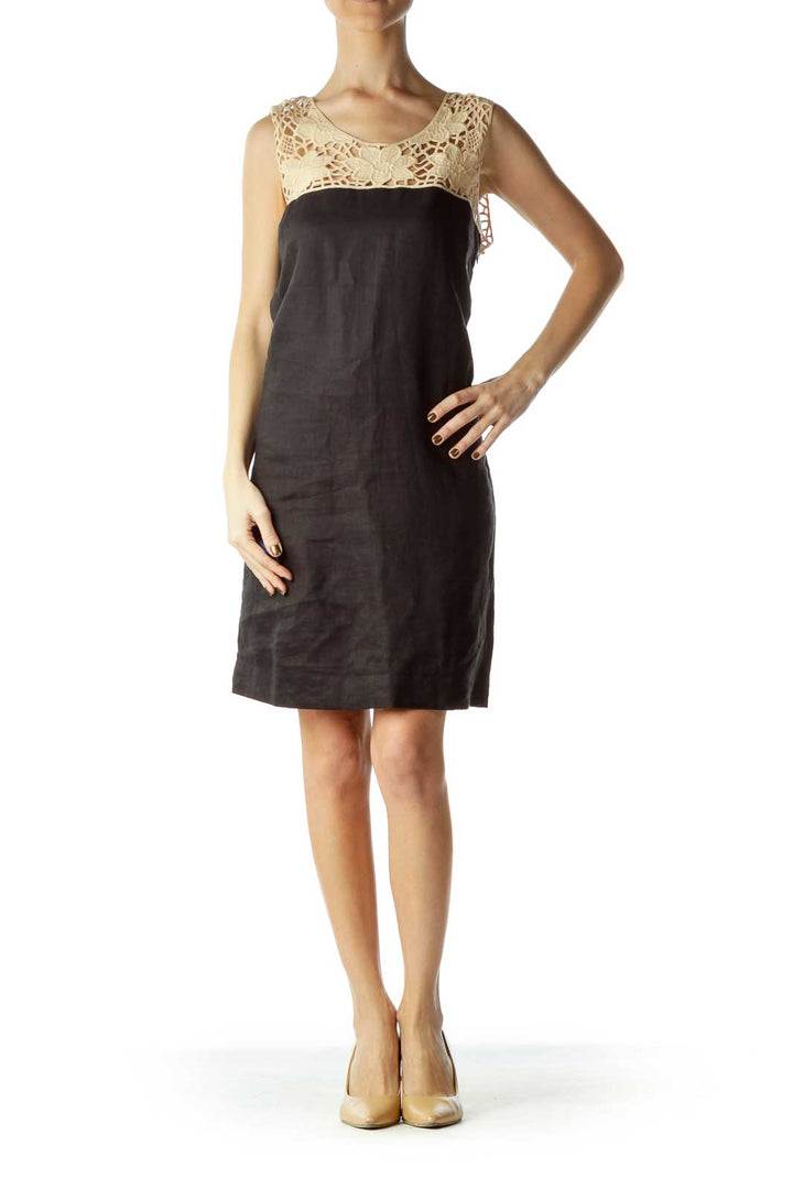 Beige Black Flower Lace Dress