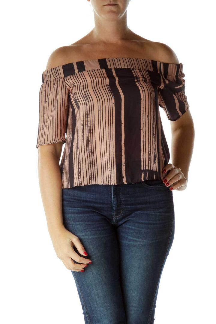 Navy Beige Print Off-Shoulder Blouse