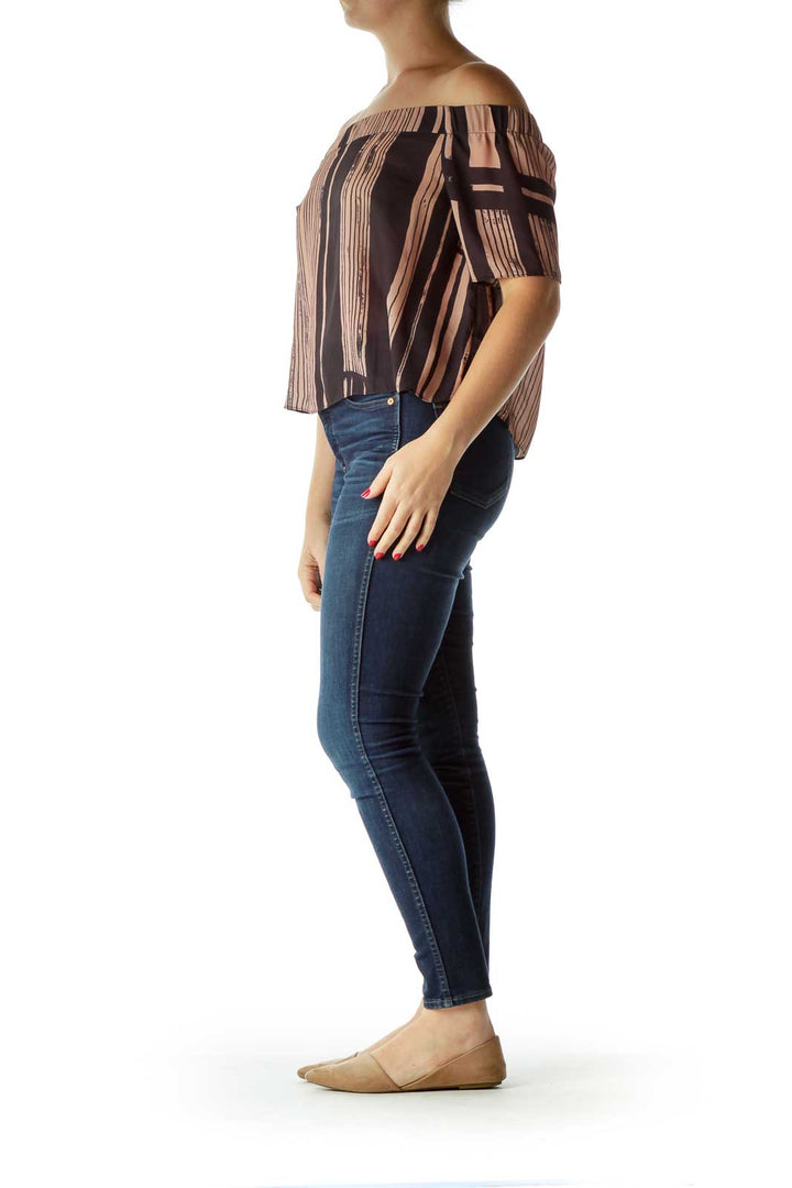 Navy Beige Print Off-Shoulder Blouse