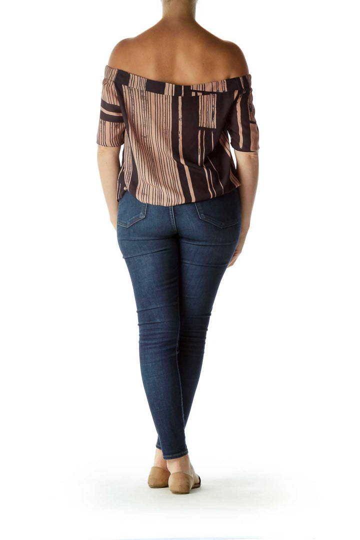 Navy Beige Print Off-Shoulder Blouse