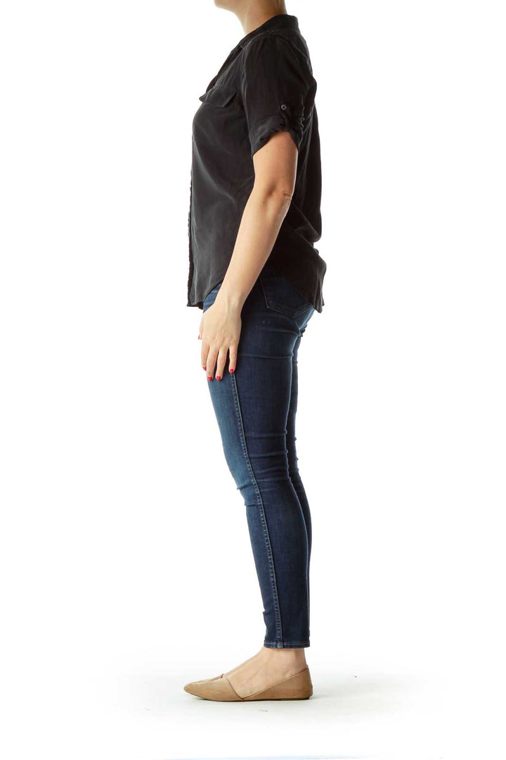 Black 100% Silk Buttoned Pocketed Shirt
