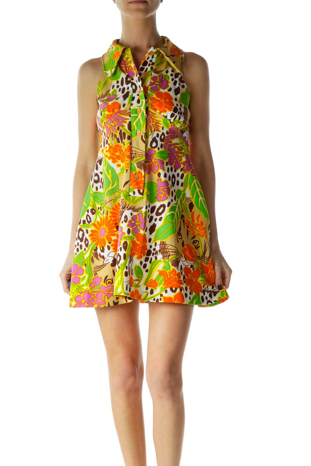 Multicolor Sleeveless Collared Print Day Dress