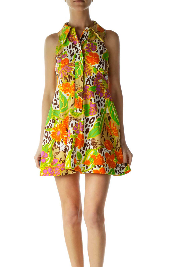 Multicolor Sleeveless Collared Print Day Dress