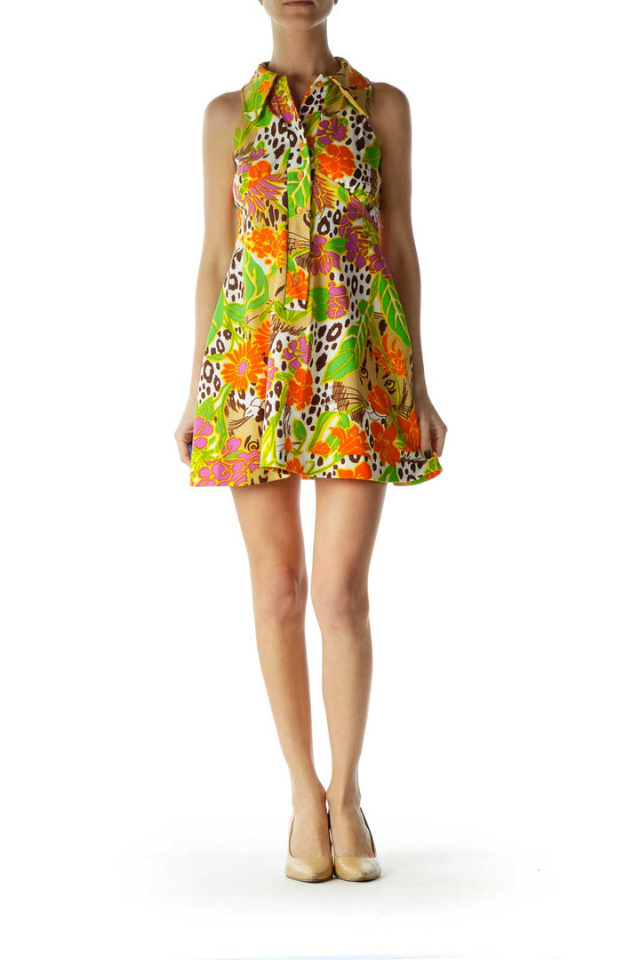 Multicolor Sleeveless Collared Print Day Dress