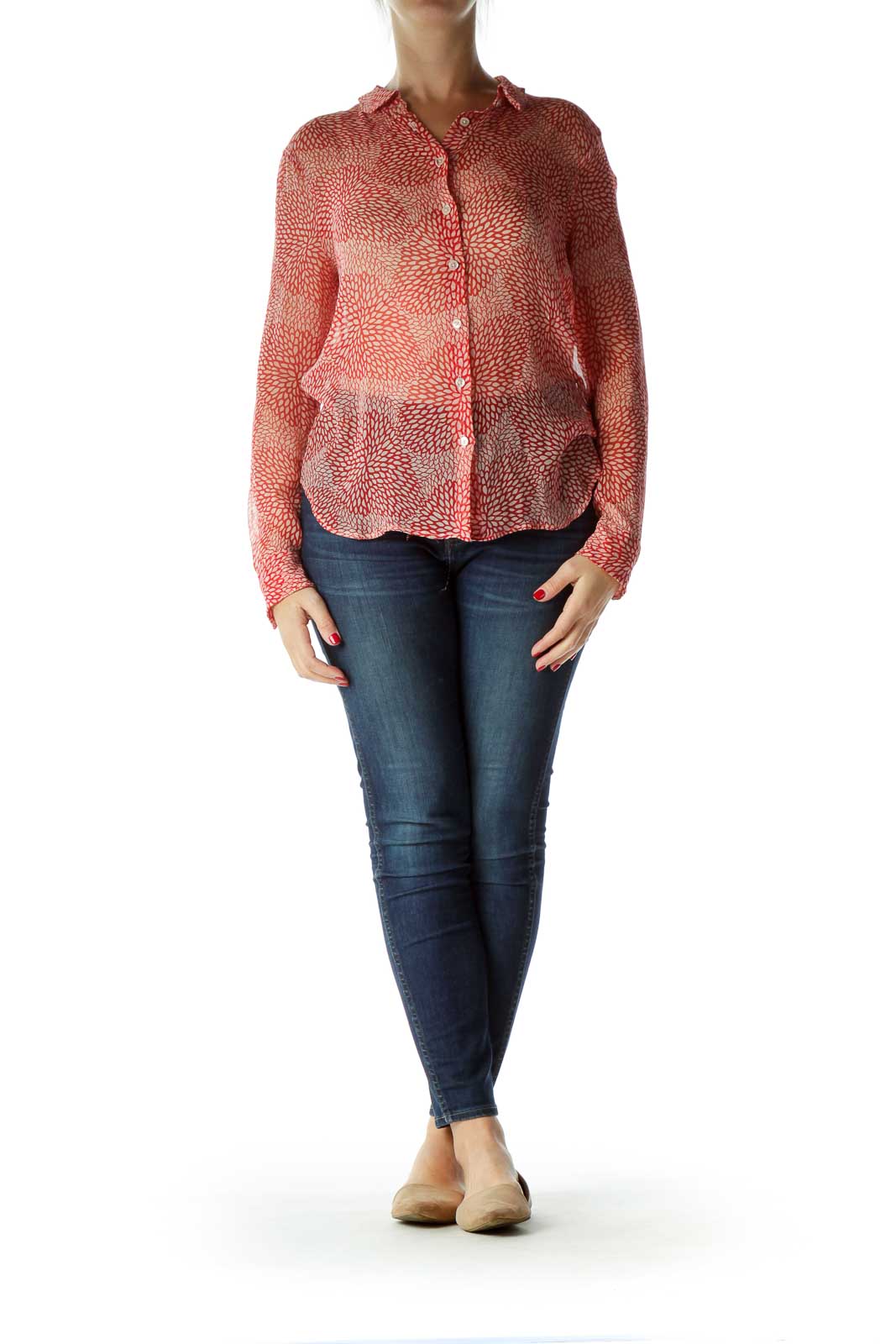 Red Printed 100% Silk See-Through Blouse
