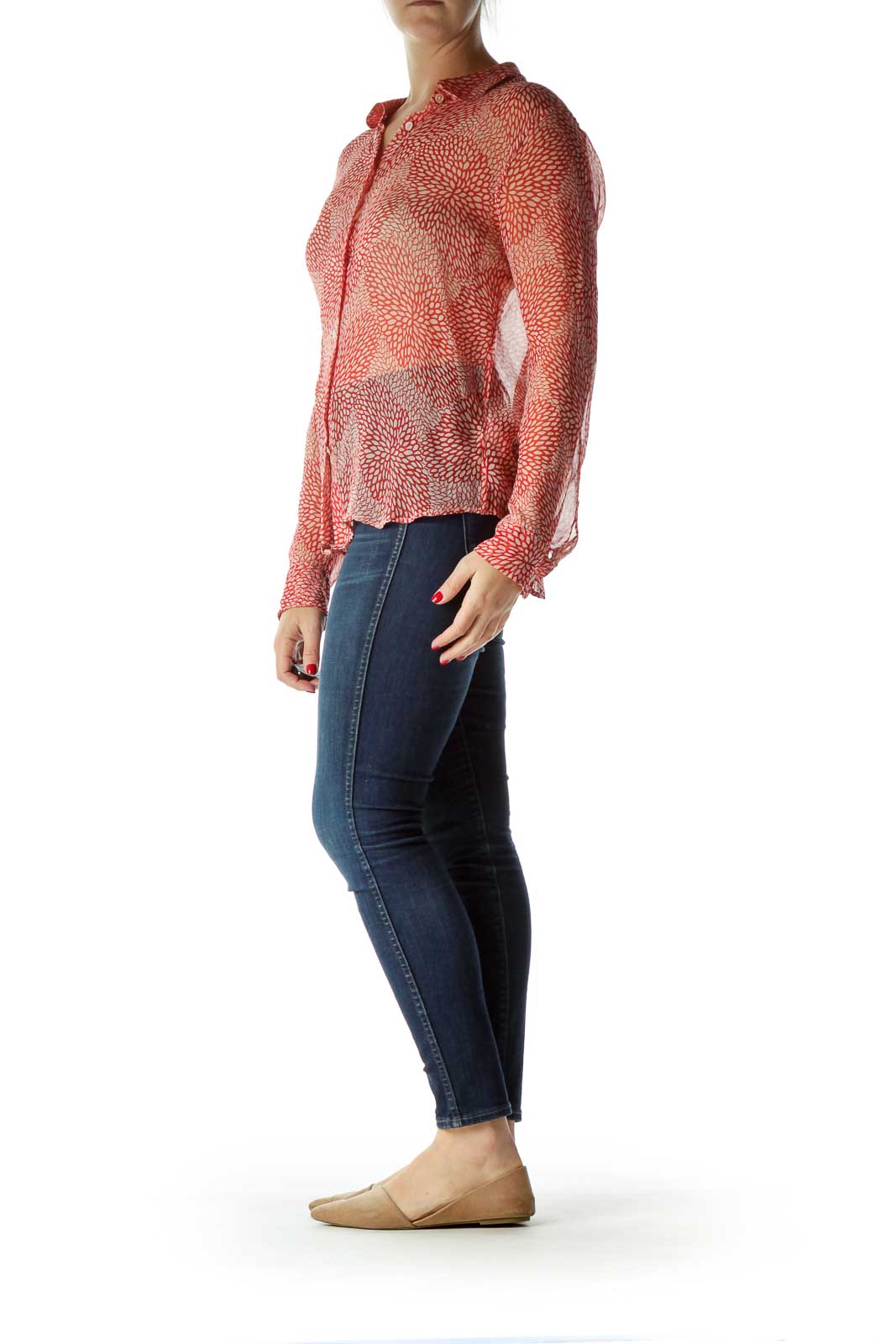 Red Printed 100% Silk See-Through Blouse